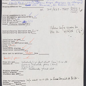 Typewritten form with handwritten annotations in black, red, orange, and blue ink