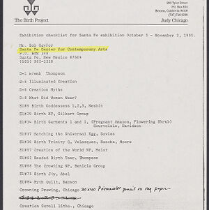 Typewritten checklist on The Birth Project letterhead with yellow highlighting and handwritten annotations in black ink