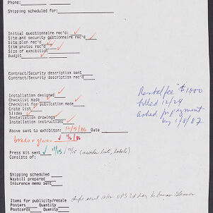 Typewritten form with handwritten annotations in red, black, blue, green, and orange ink