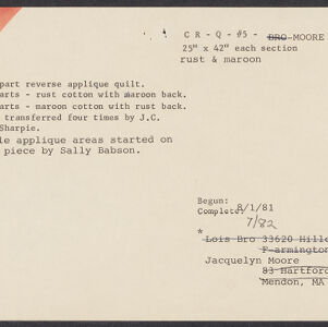 Typewritten note card with handwritten annotations in pencil and orange ink in the upper left corner