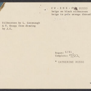 Typewritten note card with handwritten annotations in black ink and pencil with blue and brown ink in the upper left corner