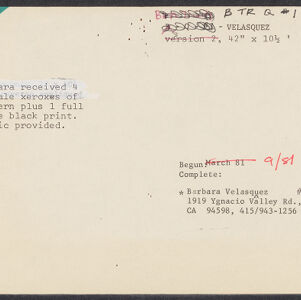 Typewritten note card with handwritten annotations in black and red ink and correction fluid and green ink in the upper left corner