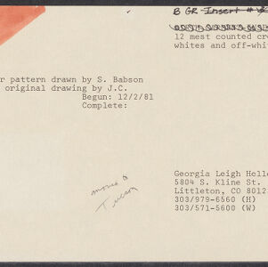 Typewritten note card with handwritten annotations in black ink and orange ink in the upper left corner