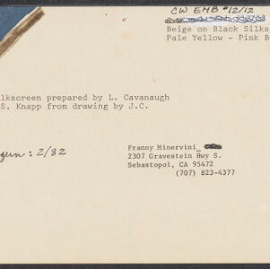 Typewritten note card with handwritten annotations in black ink and correction fluid with blue and brown ink in the upper left corner