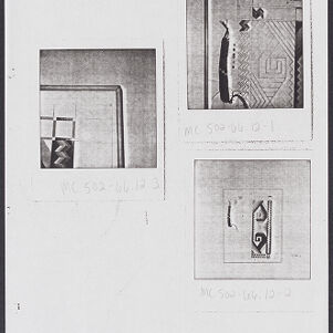Black-and-white photocopy of three Polaroid photographs of geometric artworks