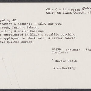 Typewritten note card with handwritten annotations in black ink with blue ink along the left border
