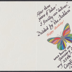 Handwritten and printed birthday card in black and multi-colored ink