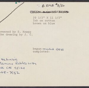 Typewritten note card with handwritten annotations in black and blue ink