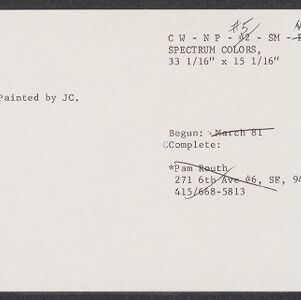 Typewritten note card with handwritten annotations in black ink and blue ink along the left border