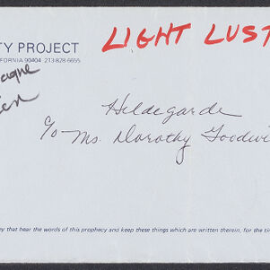 Printed The Dinner Party Project envelope with handwritten annotations in red and black ink and pencil