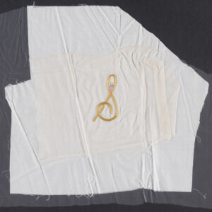 Embroidered, yellow, cursive S with rainbow stripe detail on white fabric