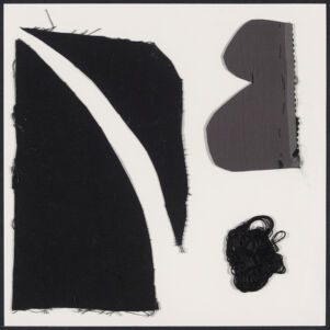 Two pieces of black cloth and one piece of gray cloth cut into abstract shapes and accompanied by a sample of black embroidery thread on a white piece of paper