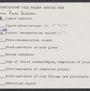 Typewritten checklist with handwritten annotations in pencil and black ink and ink stamp