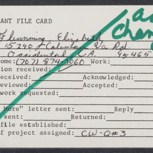 Typewritten note card with handwritten annotations in black and green ink