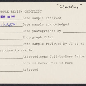 Typewritten checklist with handwritten annotations in black and blue ink and ink stamp