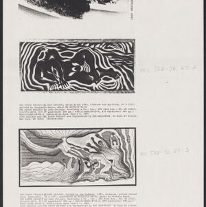 Black-and-white photocopy of three images with captions: a photographic portrait of Judy Chicago, and two artworks depicting abstracted women