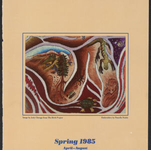 Full color cover of a catalog with an embroidered artwork of undulating lines surrounding nature images