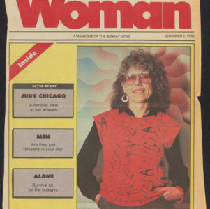 Full color cover of Sunday Woman with a photographic portrait of Judy Chicago standing in front of an artwork