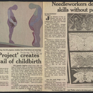 Newspaper article about The Birth Project with two photographs: an artwork depicting silhouettes of pregnant women and a woman standing at the base of tall, four panel fabric artwork