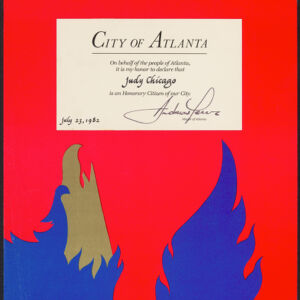 Printed, handwritten, and collaged certificate on red background with blue and brown flame-like shapes