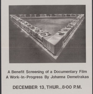 Black-and-white photocopy of a flier with a photograph of a triangular table with an open center lined with place settings
