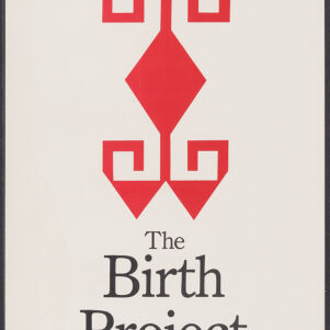 Printed flier for The Birth Project with a red abstract shape, and black and red text on white paper