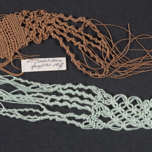 Two macrame samples in brown and light blue