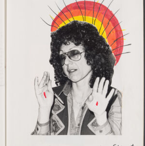 Photographic portrait of Judy Chicago with hand drawn halo and stigmata in red, orange, and yellow ink