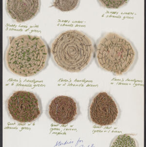 Ten examples of coiled brown yarn or rope attached to a white piece of paper with handwritten annotations in green and blue ink