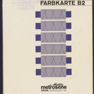 Printed cover of a fabric color chart book with a blue, abstract geometric pattern and black text in German