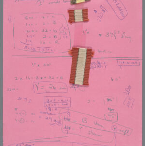 Three samples of striped, woven fabric in green and orange attached to a pink piece of paper with handwritten annotations in green and blue