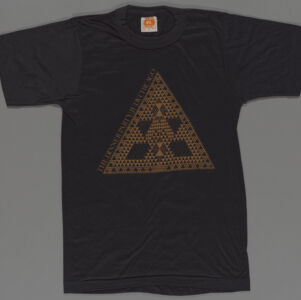 Black t-shirt with upward-pointing triangle filled with smaller triangles in gold and gold type