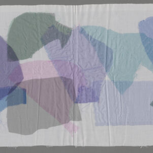 Rectangular fabric collage of abstract shapes in blue and purple pastel colors
