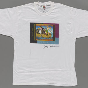 White t-shirt with illustration of six people in a boat each engaged in a different activity