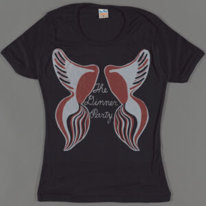 Black t-shirt with a black, red, and white graphic of two wing-like shapes flanking white text