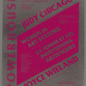 Printed poster in hot pink on silver paper with a large pink parallelogram in the center and text in French and English
