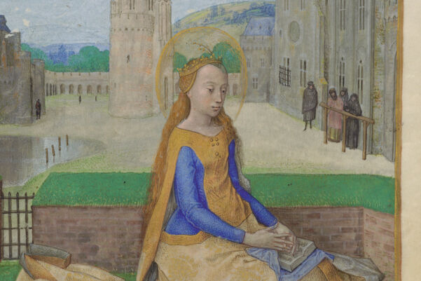 An image from an illuminated manuscript of a holy woman dressed in a vibrant dress holding a book, with a halo around her head.