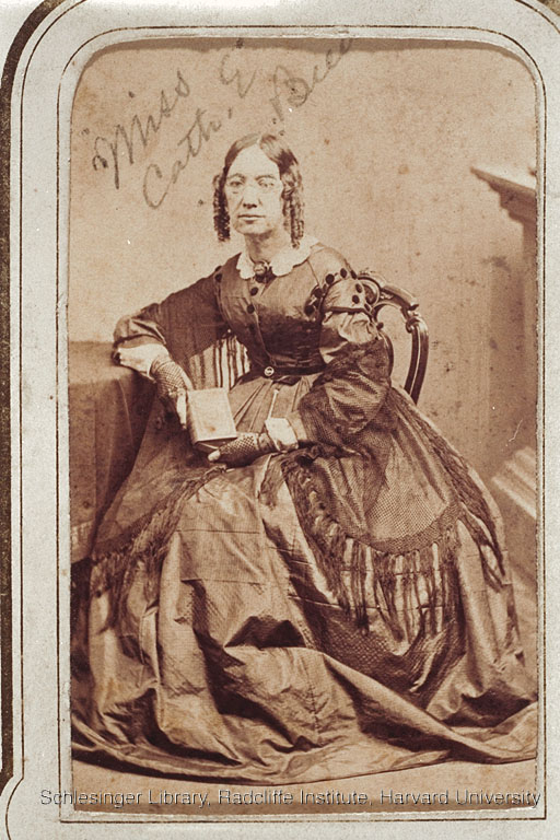 Portrait of Catherine Beecher holding a book.