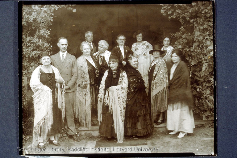 Group portrait of men (two) and women (ten) dressed in costume for the annual Santa Barbara "Spanish Fiesta"