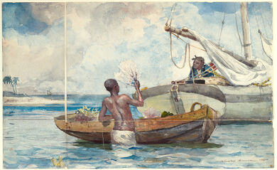 A watercolor of a man standing in the ocean, his back the viewer, holding up a piece of coral towards a person in a nearby boat.