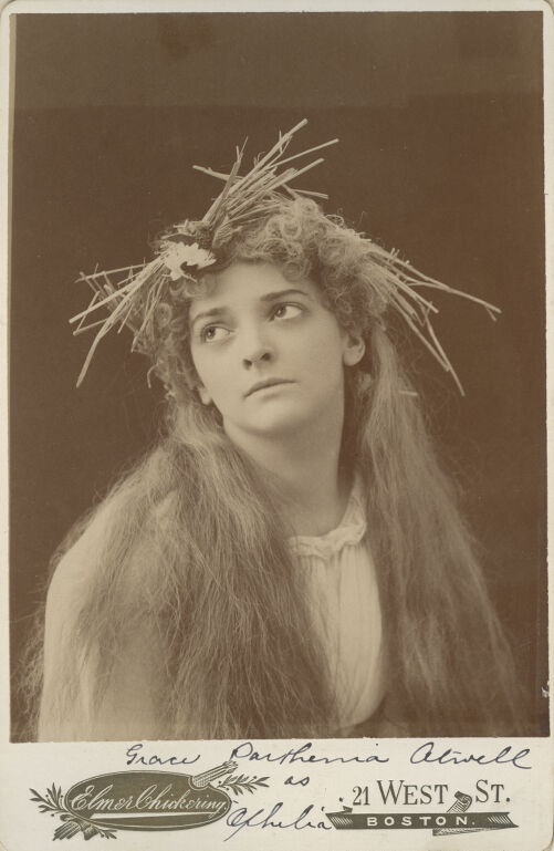Grace Parthenia Atwell as Ophelia wearing dramatic hairstyle incorporating twigs.