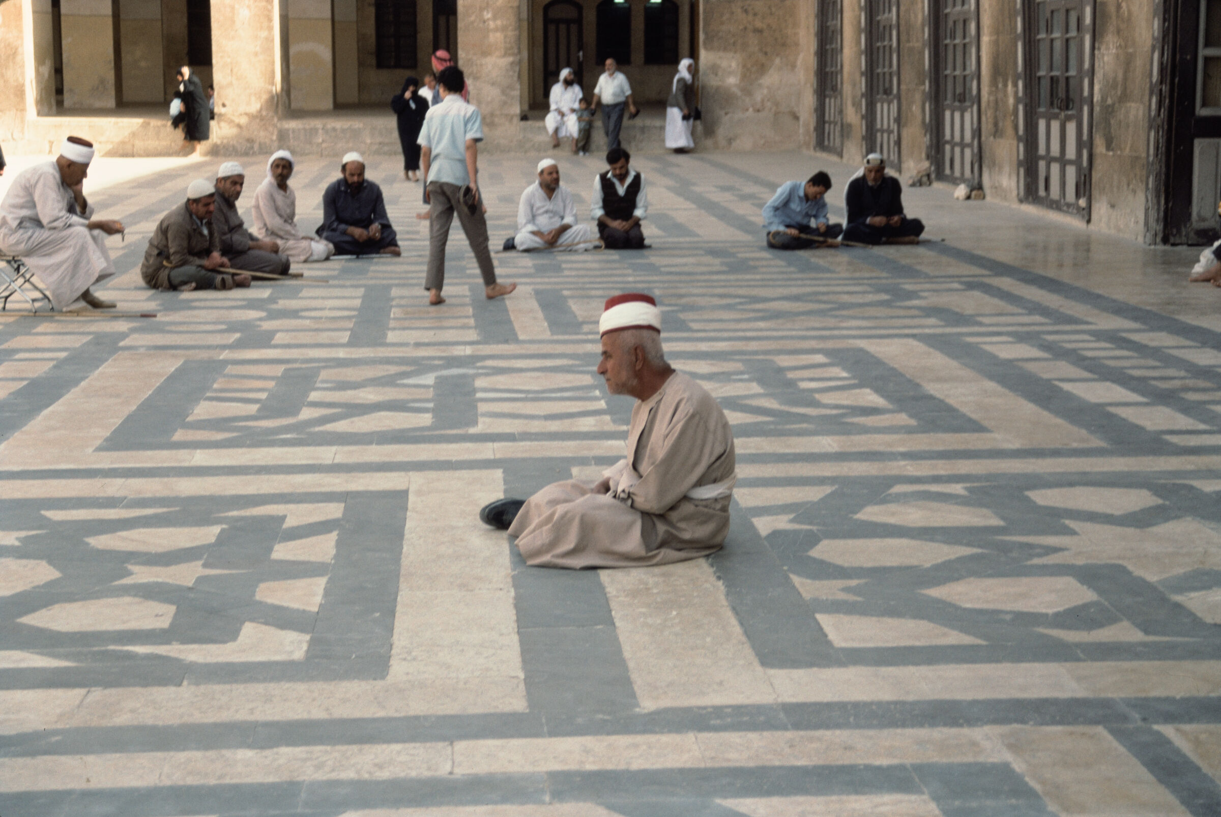 People gathered in the courtyard of the Umayyad Mosque, Damascus