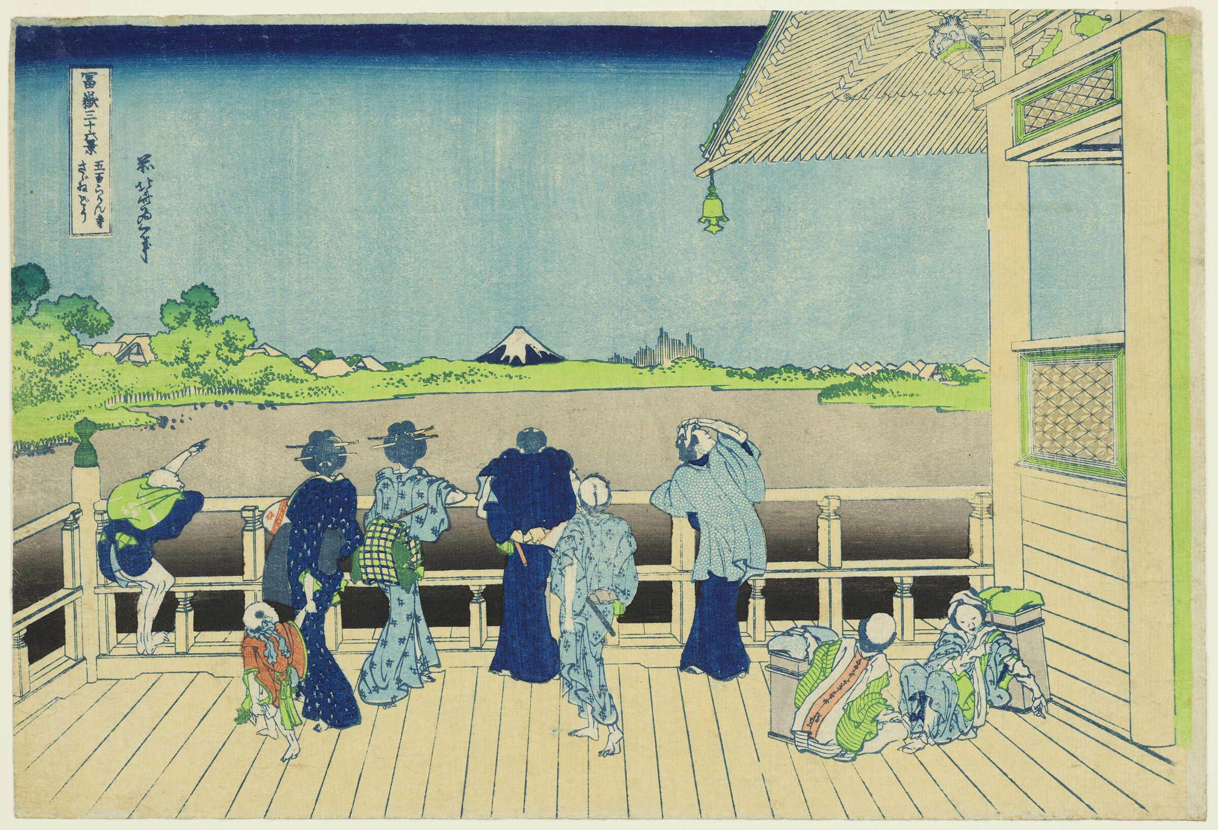 Woodblock print by Katsushika Hokusai of nine figures in front of Mount Fuji.