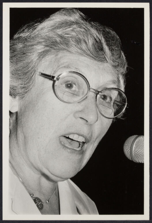 Esther Landa, President of the National Council of Jewish Women photographed by Bettye Lane, 17 September 1978. She is in mid-speech, looking beyond the camera. 